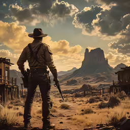 a man in cowboy attire standing on a dirt road next to mountains