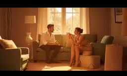 a man and woman sit on the couch in front of an open window