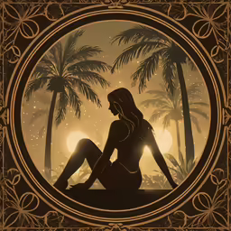 woman sitting in front of a palm tree painting