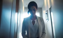 a woman is in the hallway holding her cell phone