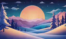 a painting of snowy landscape with snow covered trees in the foreground,a full moon with trees in the foreground