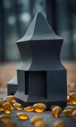 a black vase with yellow pills spilling around