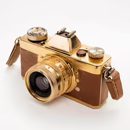 a gold vintage camera with no lens sitting on a white surface