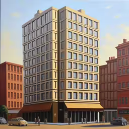 the painting depicts a three story building in an urban setting,a painting of an intersection with traffic, people and buildings