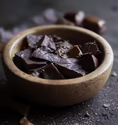 dark chocolate chunks in a wooden bowl on top of some ice cubes
