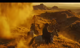 a couple of men on horseback riding across a field