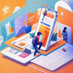 an illustration shows two people, one with a phone, and another sitting on an open laptop,the man is working on his laptop that sits on a colorful background