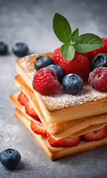 stack of pancakes covered in strawberries and blueberries with green leaf on top