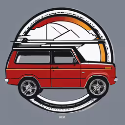 an image of a van with the sun in the background,an image of a van with a surfboard on top