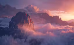 a photo of a mountain scene taken during a cloudy sunset