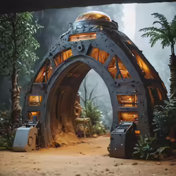 a wooden tunnel containing large parts on it and various trees