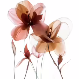 two pink flowers that are in front of white background