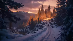 a snowy road between two tall pines on a mountain side