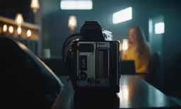 a camera sits on a table in the dark