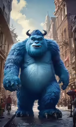 an illustration of a big blue monster standing in the middle of a street