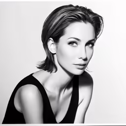 a black and white photo of a woman wearing a black top