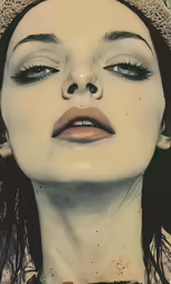 a woman with her eyes shut with her head turned to the side