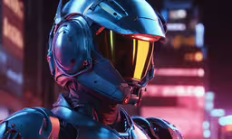 a man wearing a helmet in a futuristic city,a computerized soldier wearing futuristic armor and a helmet