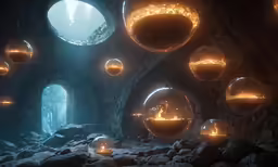a cave with orbs in the middle and lights on the inside