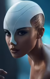 a women with an unusual hairdo and eye makeup