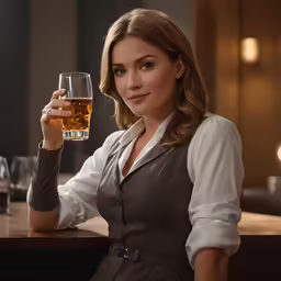 a woman holding a glass of wine on top of a counter