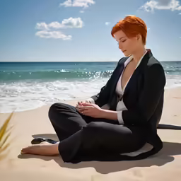 an red - headed woman with bright red hair sits on the sand at the beach and looks away