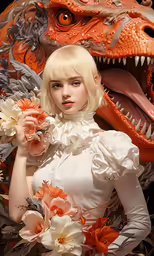 a woman in white is holding flowers by a dinosaur