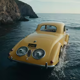 an old yellow car driving into the ocean near the shore