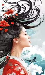 a woman with black hair standing under clouds with flowers in her hair