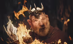 a man has fire and wearing a helmet