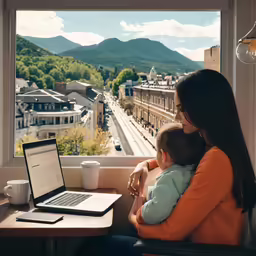 woman holding small child using a laptop computer