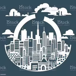 an abstract cityscape with a big blue sky in the background,a white city with clouds in the sky