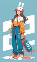 an anime character dressed in an orange shirt with bunny ears on