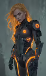 a futuristic woman in an orange dress