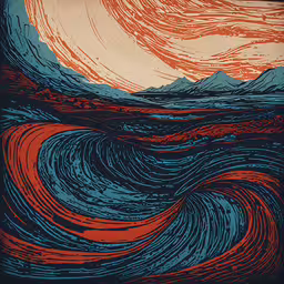 an orange and blue wave pattern painted on a canvas,an abstract illustration of mountains, water and sun