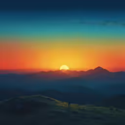 the sun setting over a mountain range with people looking down
