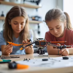 a pair of girls making a model of a quadcopteck