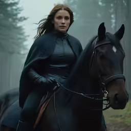 a woman riding on the back of a horse through a forest