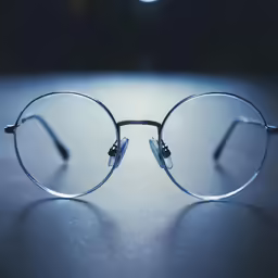 the glasses have round frames and are half shiny