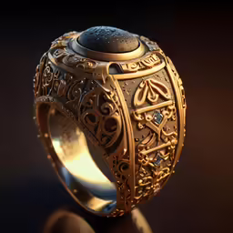 an elaborate yellow gold ring sits atop a shiny surface