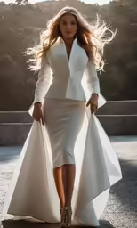 woman in white suit and skirt posing for a photo