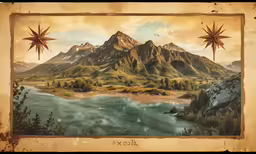 a painting of mountains and a river surrounded by pine trees