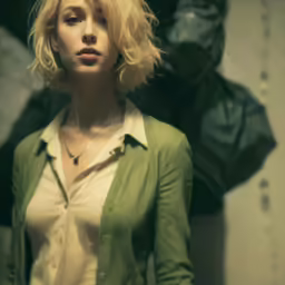 woman with short blond hair standing in front of statues