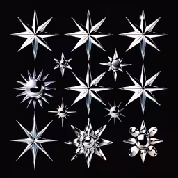 a bunch of star shapes that are on a black surface,an assortment of chrome stars and moon like objects
