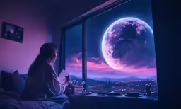 a woman is in bed looking at a space view