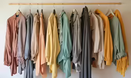 a number of shirts hanging up on a clothes rack