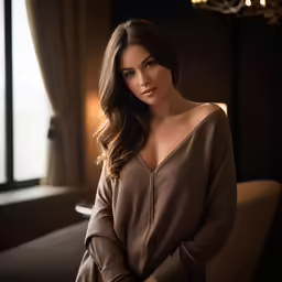 a beautiful young woman standing in front of a window