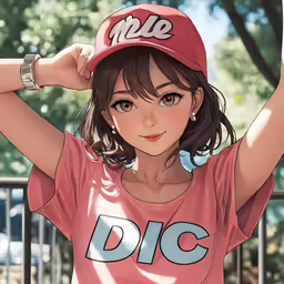 a person with a red hat and orange shirt holding her hair up