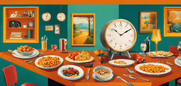 a dining room with a large clock is pictured,there is no image here to provide a caption for