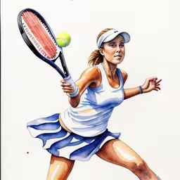 a painting of a tennis player about to hit the ball,a painting of a woman tennis player holding a racket,woman tennis player in blue outfit with racket,a drawing of a woman in motion with a tennis racket,this is an image of a woman tennis player